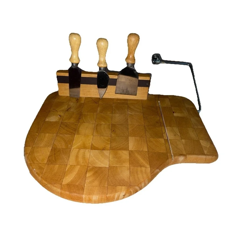 Vintage MCM Prodyne Magnetic Wood Cheese Board‎ - Wire Cutter & 3 Knife Set